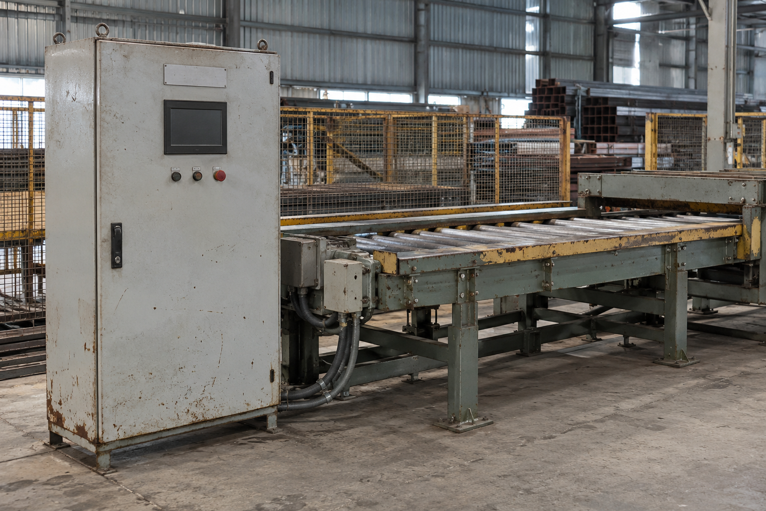 Tủ điều khiển cạnh cụm băng tải và đường ống dây