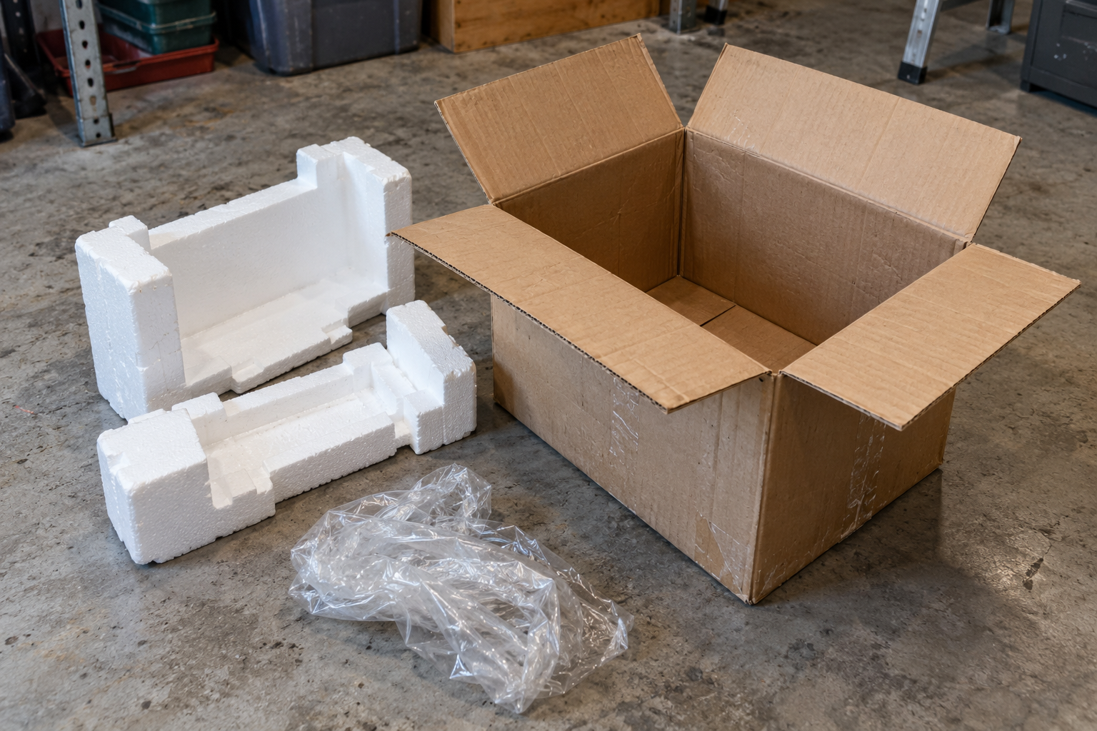 Thùng carton rỗng cùng xốp và màng đóng gói giữ riêng