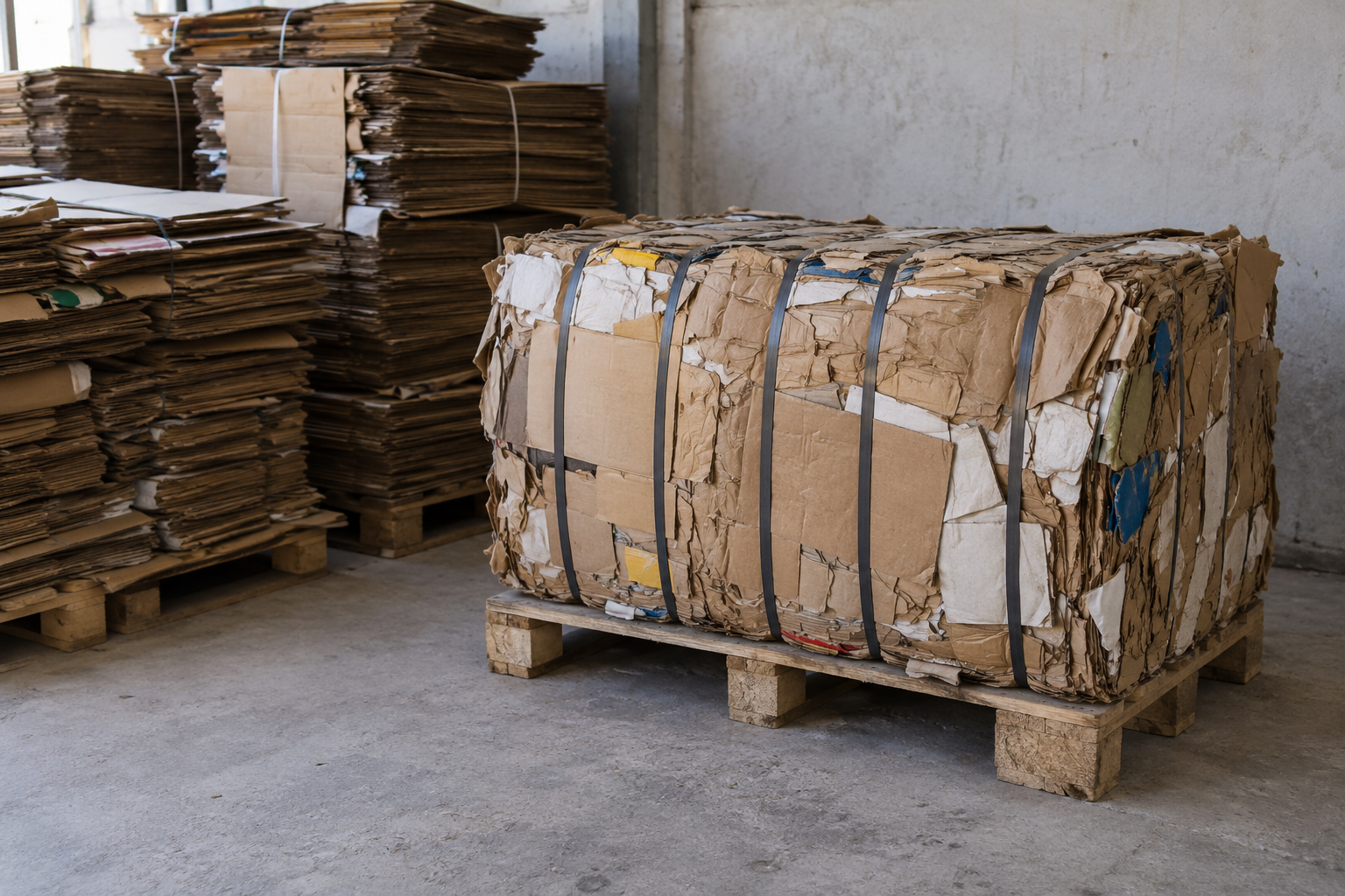 Chồng carton và kiện giấy trên vật kê gỗ