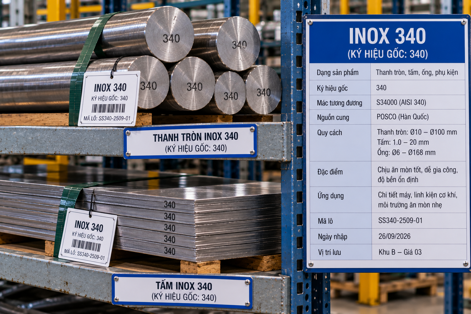Ký hiệu gốc trên vật tư đang được kê tên inox 340