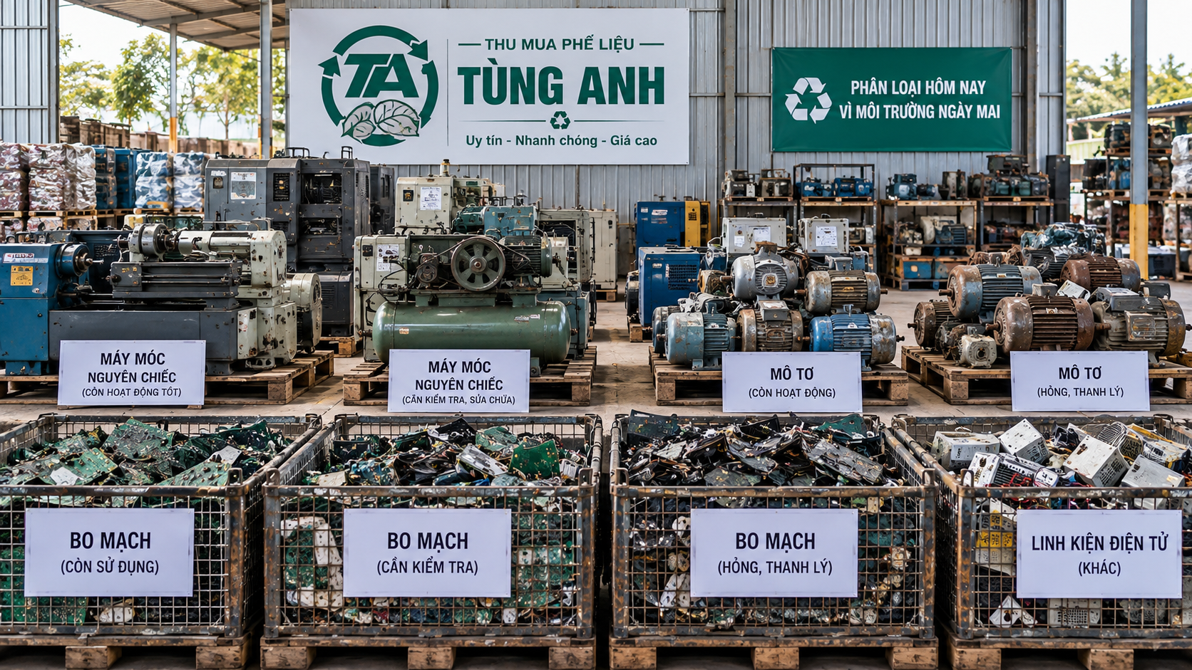 Máy móc nguyên chiếc mô tơ và bo mạch được phân loại theo tình trạng trước khi thu mua