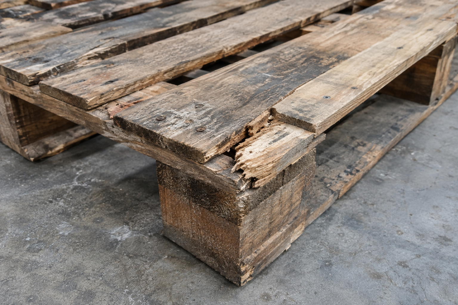 Pallet gỗ có ván gãy và phần ván sửa khác màu