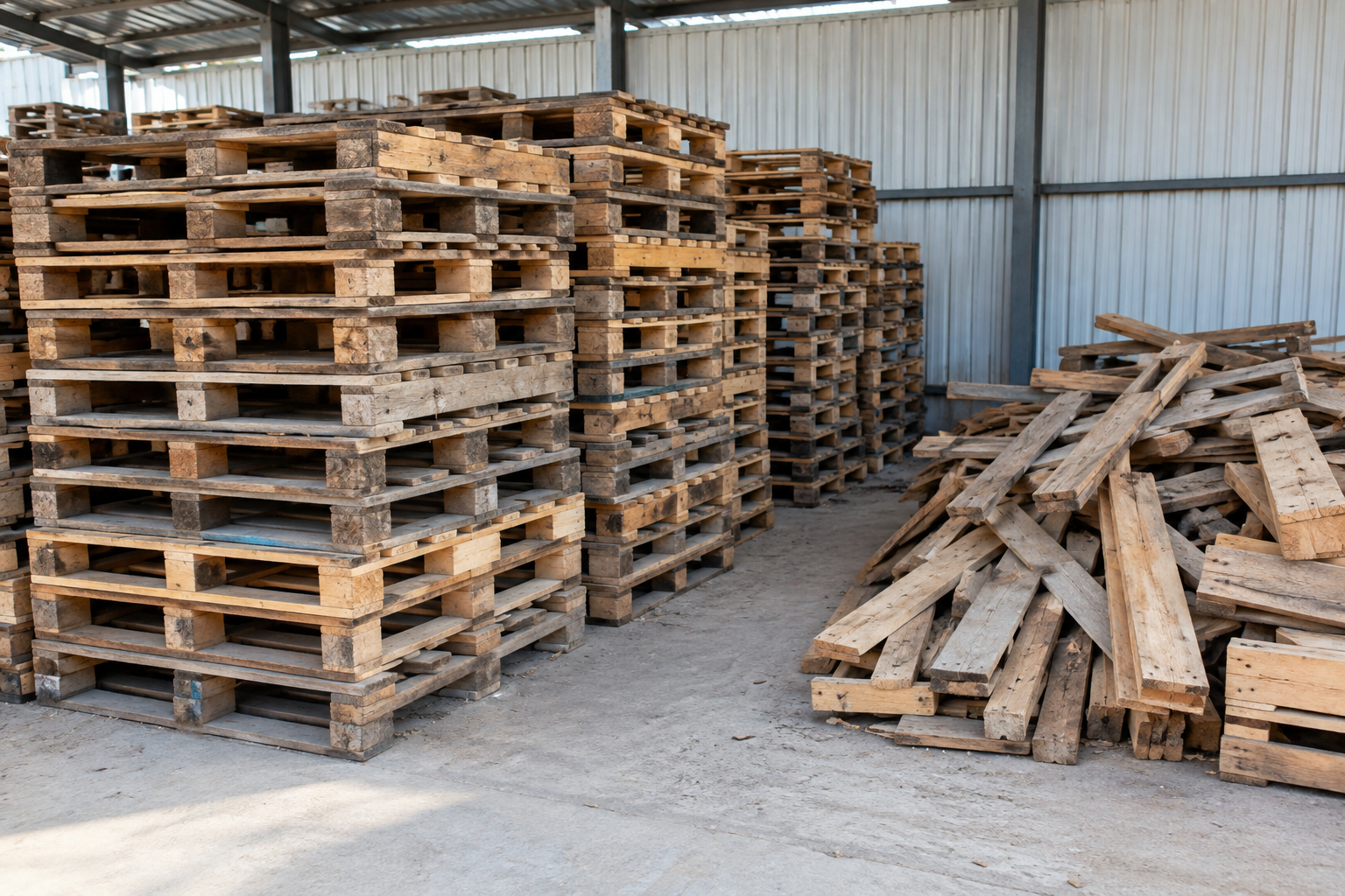 Pallet gỗ nguyên xếp riêng với nhóm ván và đà rời
