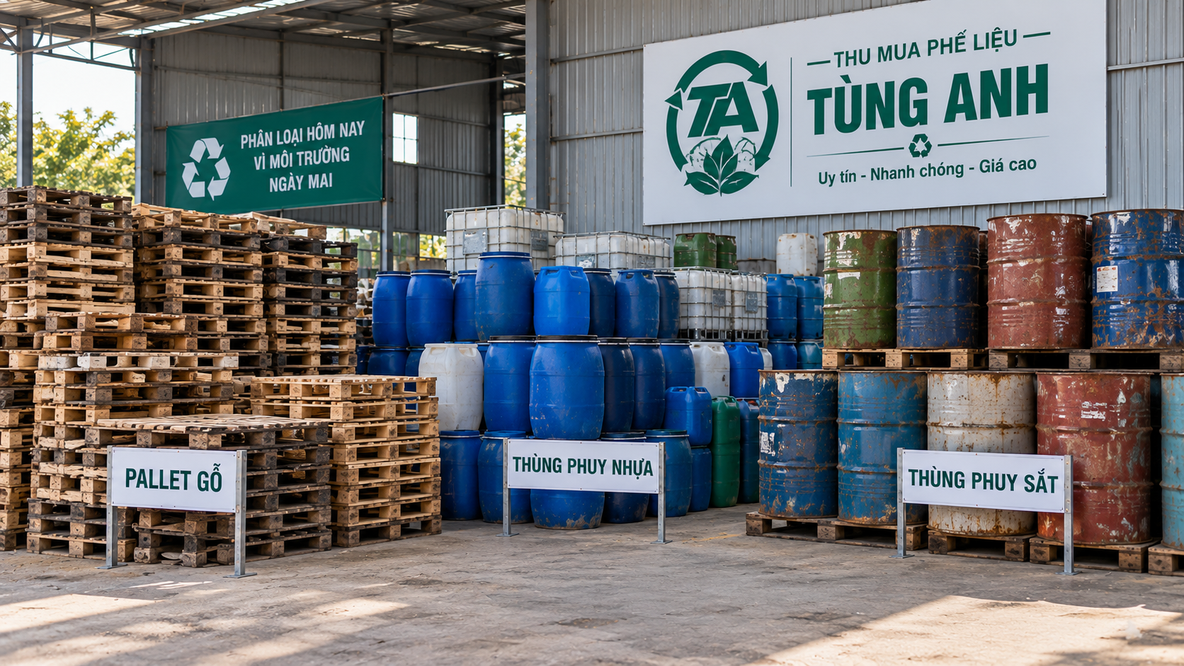 Pallet gỗ, thùng phuy nhựa và thùng phuy sắt được tập kết theo từng nhóm tại nhà xưởng