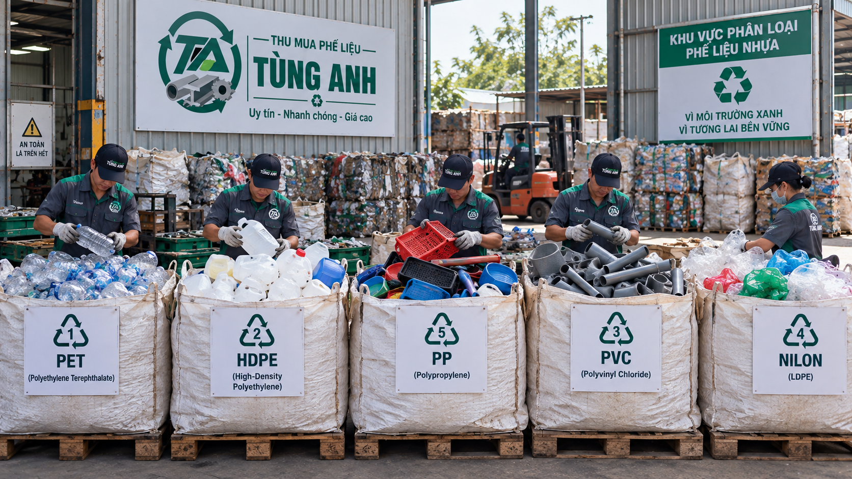 PET, HDPE, PP, PVC và nilon được phân loại riêng tại khu vực tập kết phế liệu