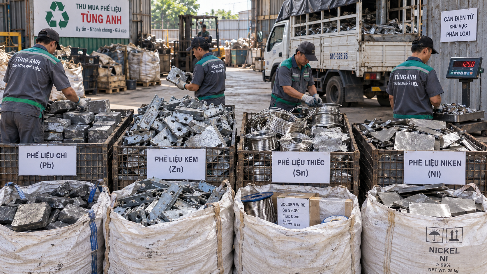 Phế liệu chì kẽm thiếc niken được phân loại và cân riêng tại hiện trường