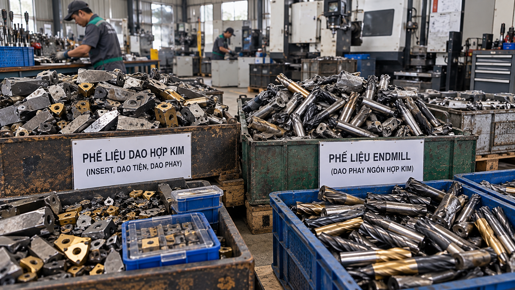 Phế liệu dao hợp kim và Endmill được tập kết tại xưởng cơ khí