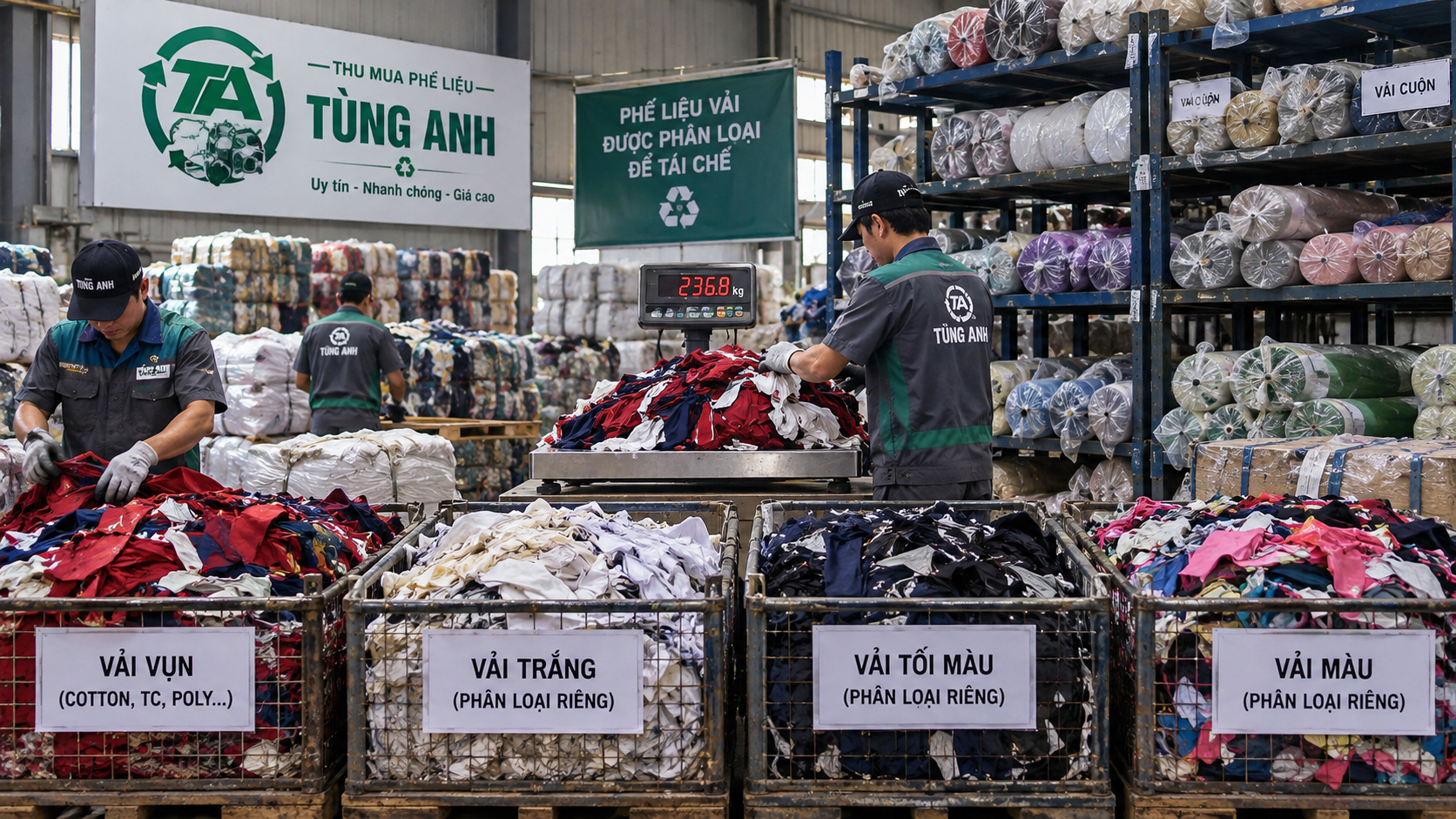 Phế Liệu Tùng Anh cân các nhóm phế liệu vải đã phân loại tại xưởng