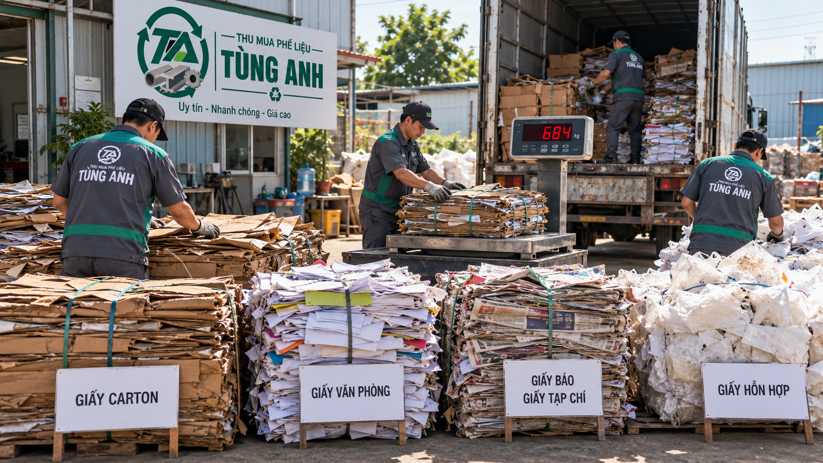 Phế Liệu Tùng Anh cân phế liệu giấy đã phân loại tại hiện trường