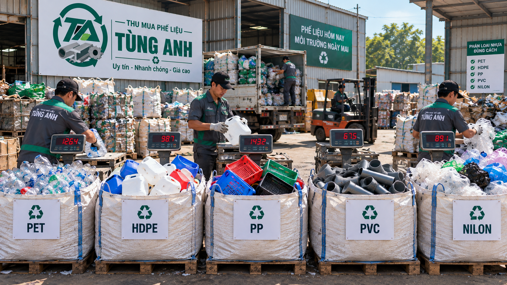Phế Liệu Tùng Anh cân riêng các nhóm phế liệu nhựa đã phân loại tại hiện trường