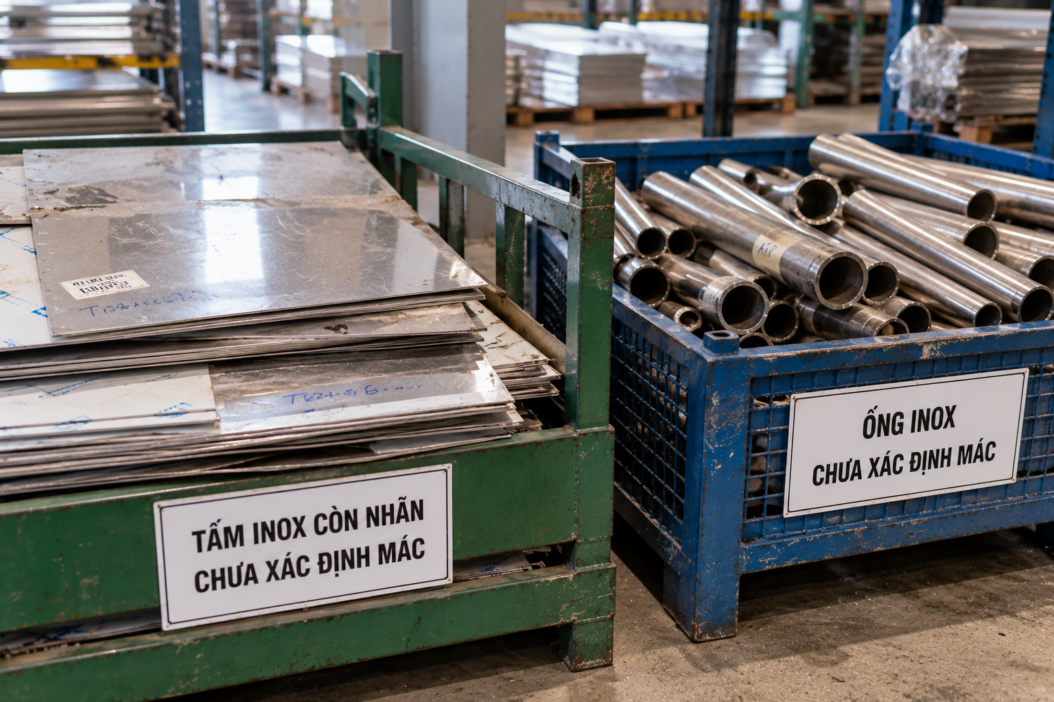 Tấm inox còn nhãn và ống chưa xác định mác được tập kết riêng
