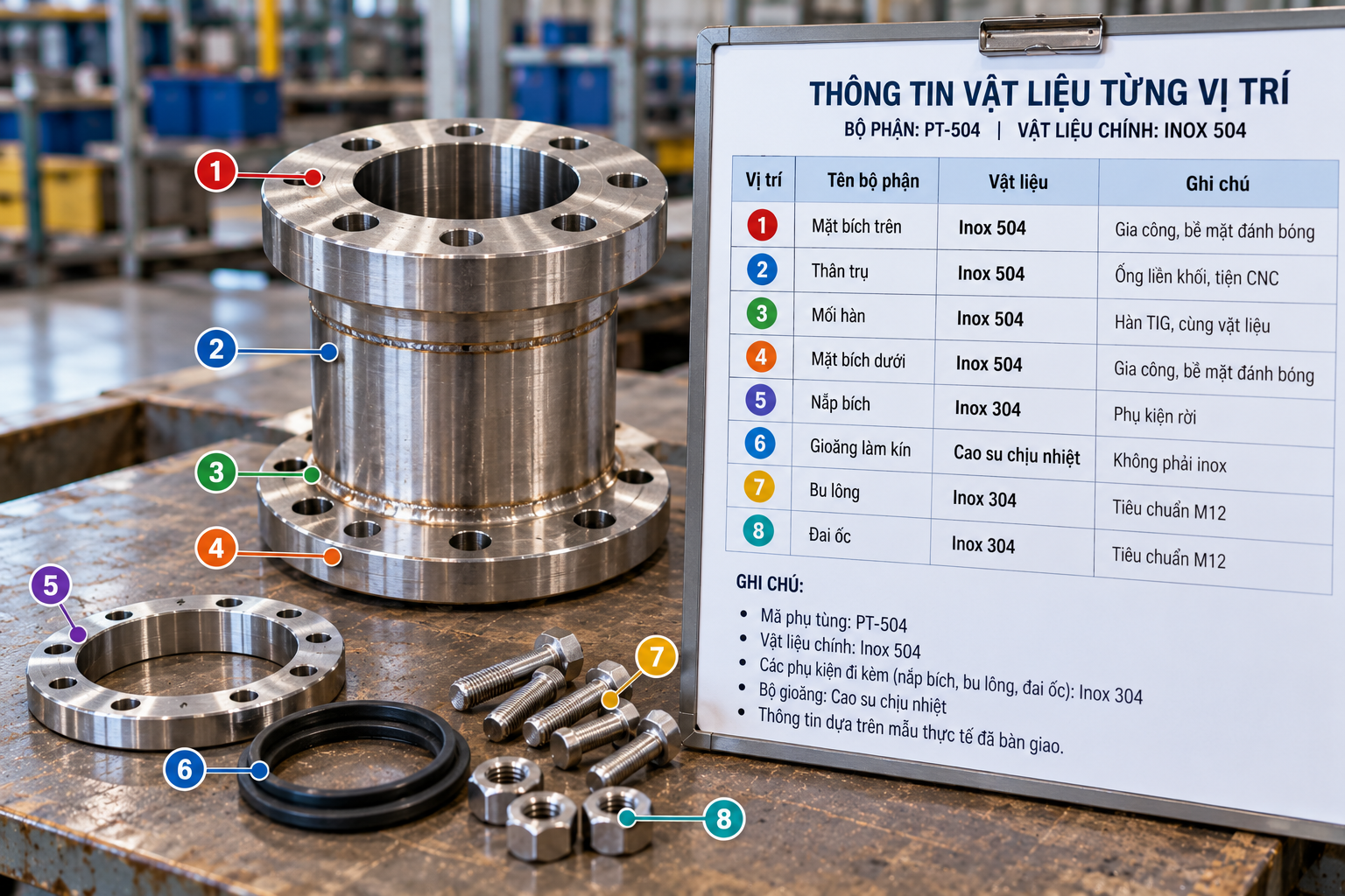 Thông tin vật liệu từng vị trí của bộ phận đã bàn giao