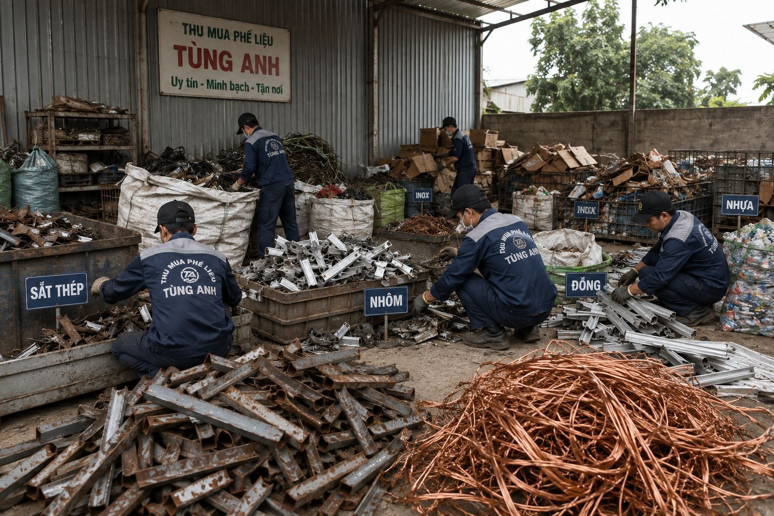 Nhân viên Tùng Anh phân loại phế liệu tại khu vực tập kết của khách hàng