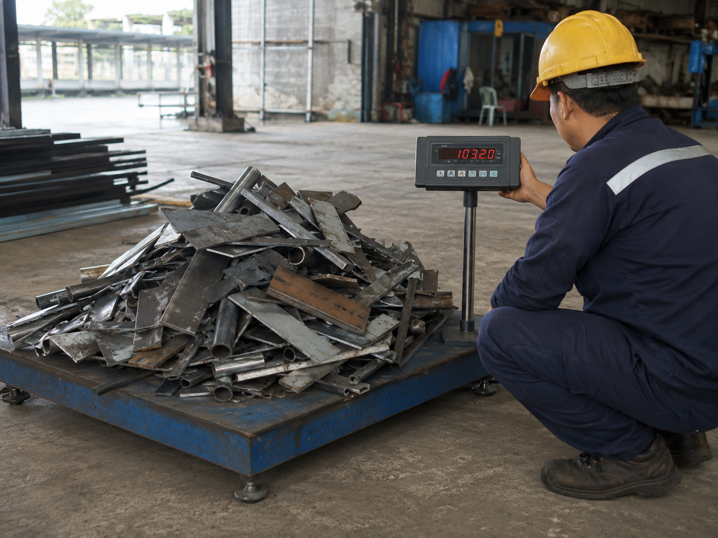 Cân điện tử lưu động cân một lô sắt vụn tại khu vực tập kết
