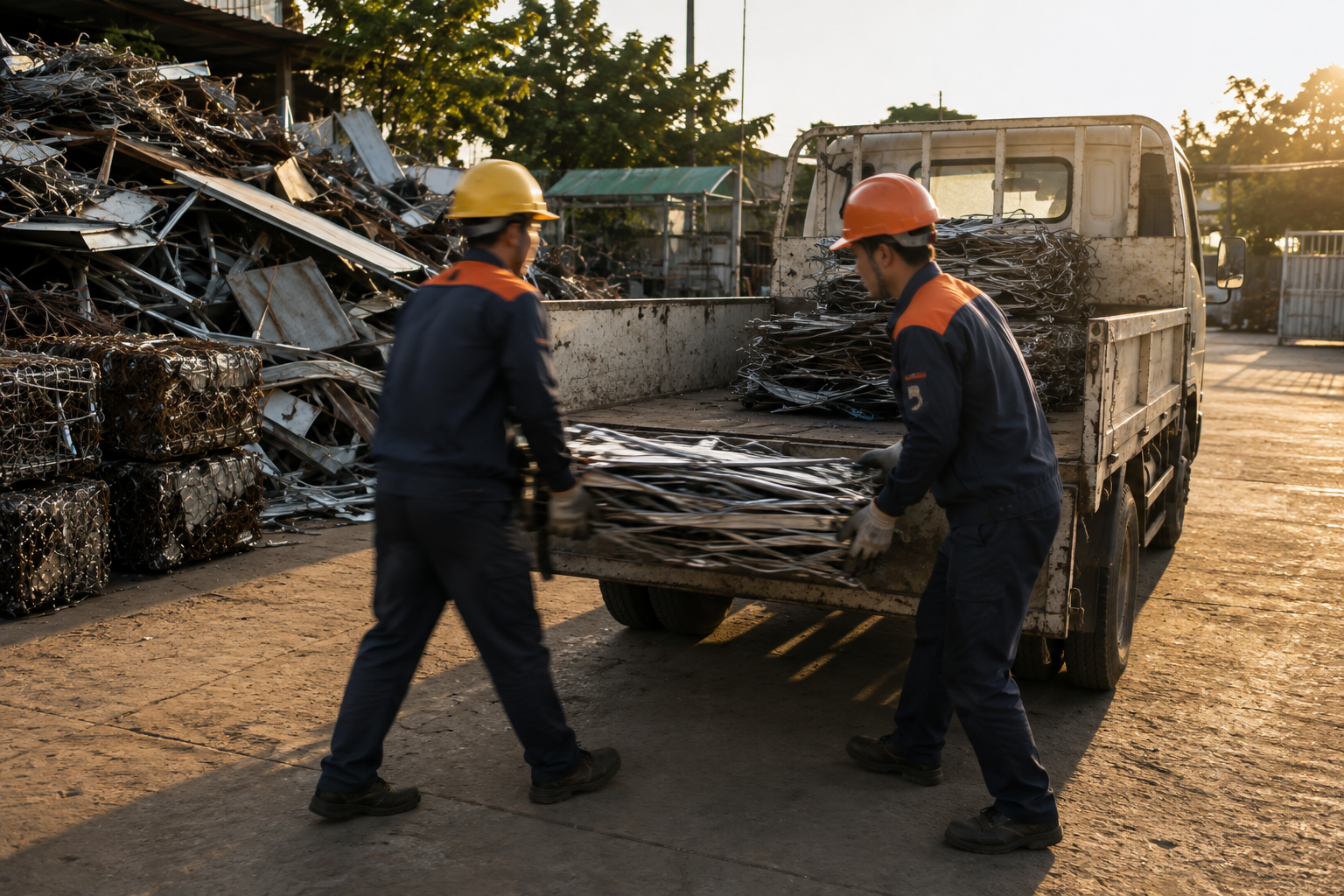 Nhân viên bốc xếp phế liệu lên xe tải sau khi cân