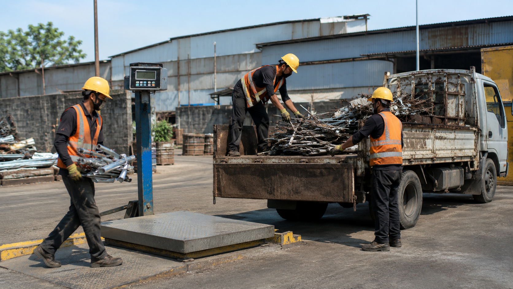 Nhân viên bốc xếp phế liệu lên xe tải