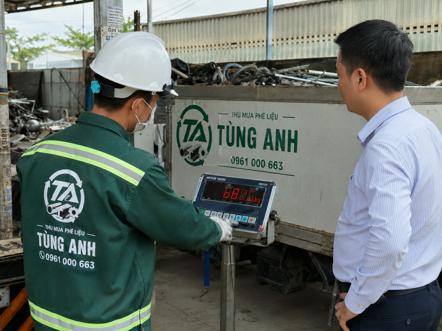 Nhân viên mặc đồng phục, bảo hộ lao động đang thao tác trên cân điện tử tại KCN VSIP 1